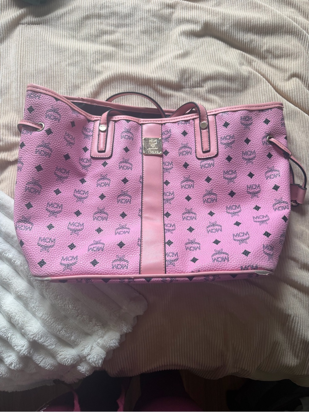 MCM Pink Logo Canvas Tote with Contrast Trim